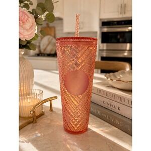 Starbucks Peach Sunset Iridescent Bling Venti Tumbler 24oz Cold Cup Diamond Grid
